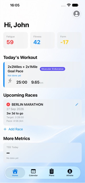42Runs Home screen showing fitness, fatigue, form, and today's workout