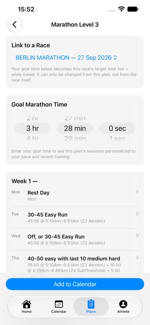 42Runs marathon training plan detail, linked to a race with a personalized goal time
