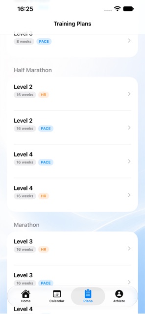 42Runs training plan library, browsable by distance and level